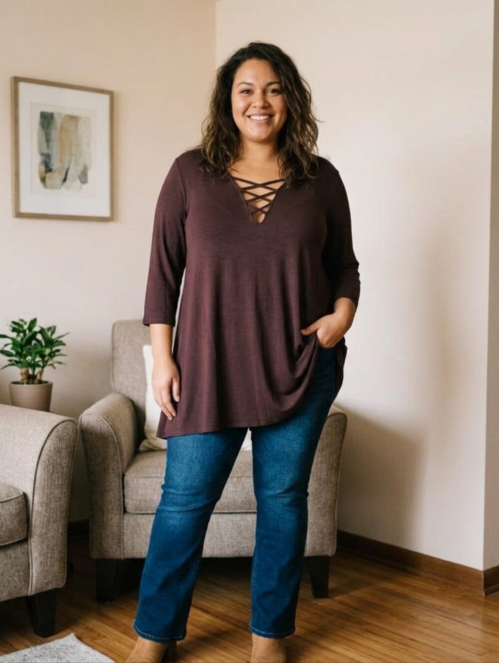Avenue Womens Tunic Brown Criss-Cross Lattice V-Neck 3/4 Sleeve Plus Size 3X